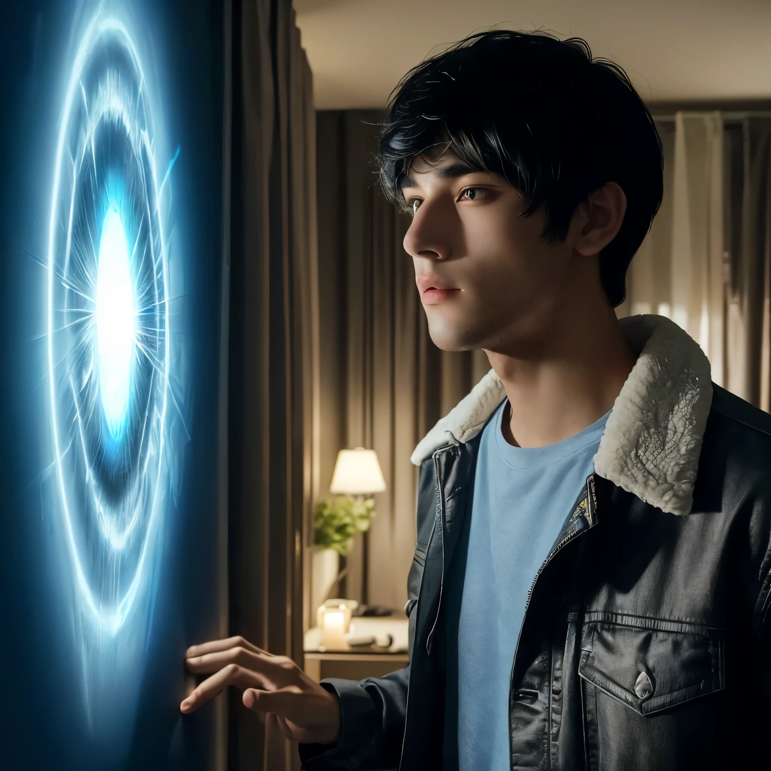 A handsome twenty-year-old man with black hair and bangs, wearing a jacket, staring at a wall in his home with a surprised expression as a glowing blue-white portal appears on the wall. It is