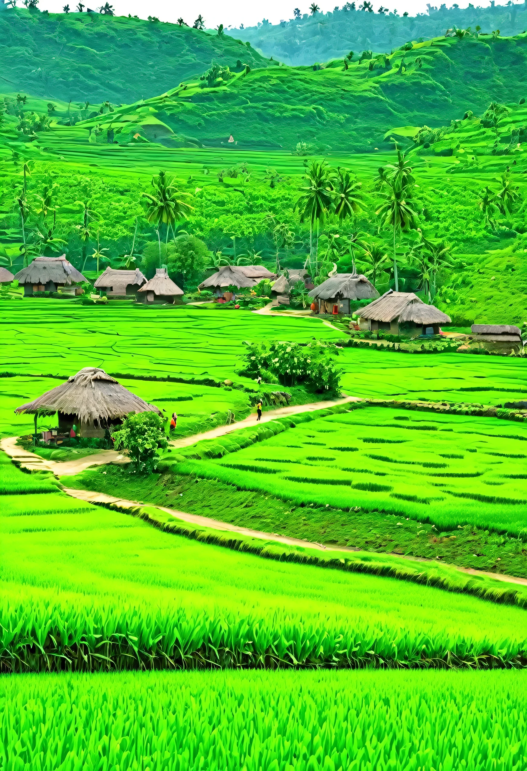 A small village with a humble, peaceful setting: An image depicting a quaint, serene village with thatched-roof houses and green fields, indicating the simplicity of Radha's surroundings.
