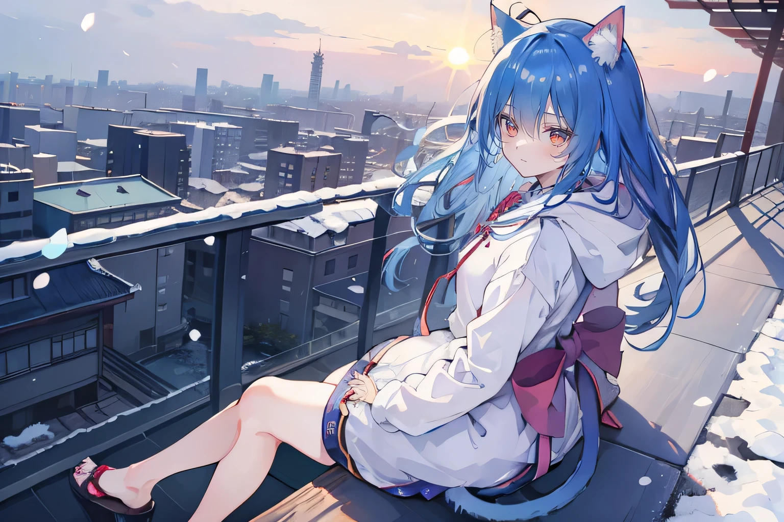 (masterpiece:1.2),Super detailed,lifelike,Expressive eyes,fair skin,perfect face shape,1 girl,
Japanese comics,Gorgeous blue hair,flowing blue hair,flowing clothes,Cat ears,Petals fall,beautiful lola,Baby Angel,sunrise,
Cross your legs,Gentle and peaceful background,The pavilion is cool and comfortable,smile, wearing hoodie, background of tokyo,back views,snowing, winter.