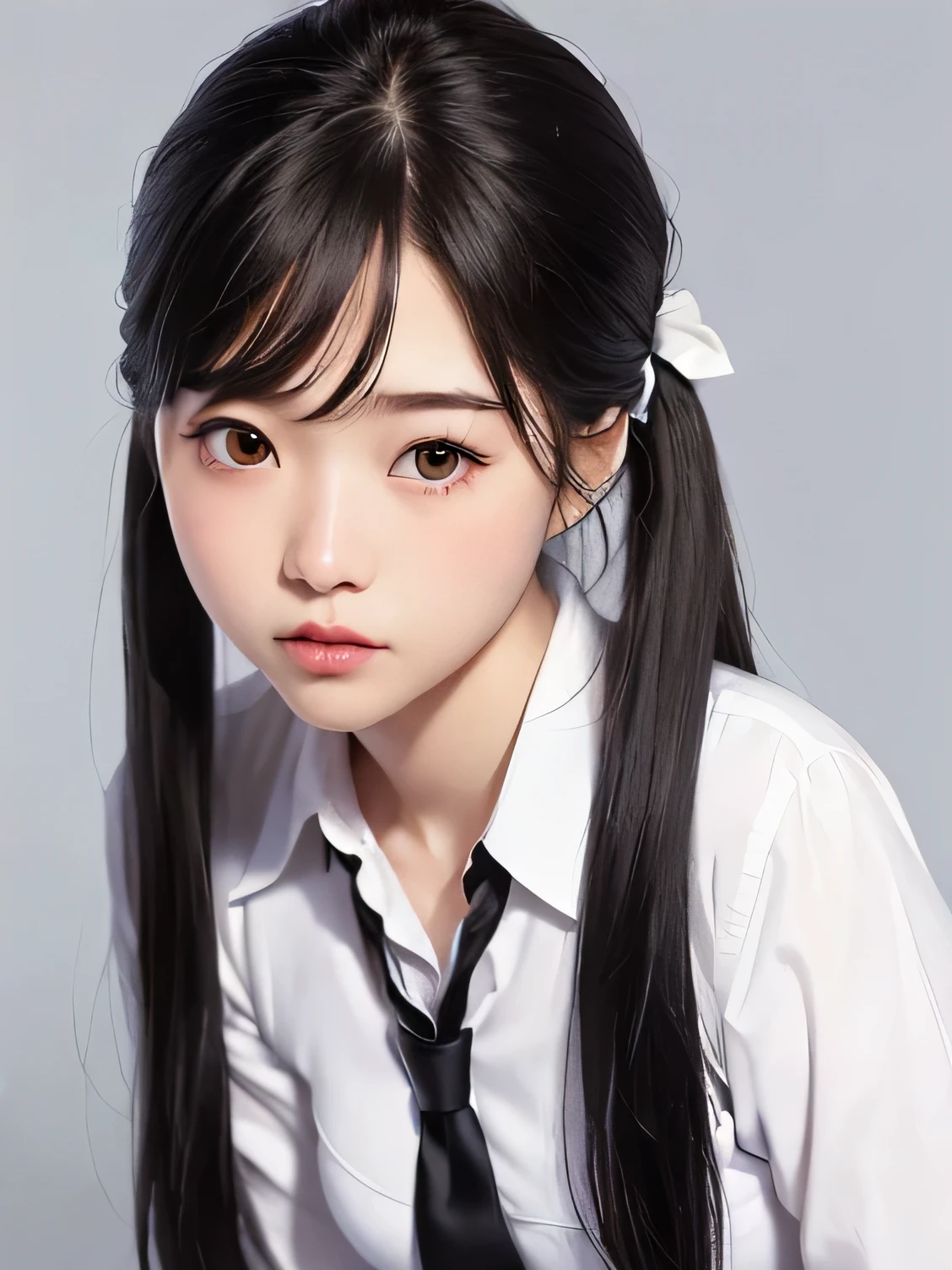 ((vivid, Realistic: 1.5), No background: 1.0, Portrait of a beautiful 17 year old Japanese girl: 1.2, Light Gray Background: 1.1, Breast augmentation: 1.2, cute: 1.0,Follow me please (Sitting on the ground): 1.2,((School uniform、White dress shirt、Pleated skirt)):1.1. Long Hair: 1.2, Black Hair: 1.2, hair tied in twin tails: 1.2, Small face: 1.1, Hair with red mesh: 1.2, Straight hair: 1.1, Messy Hair: 1.1,