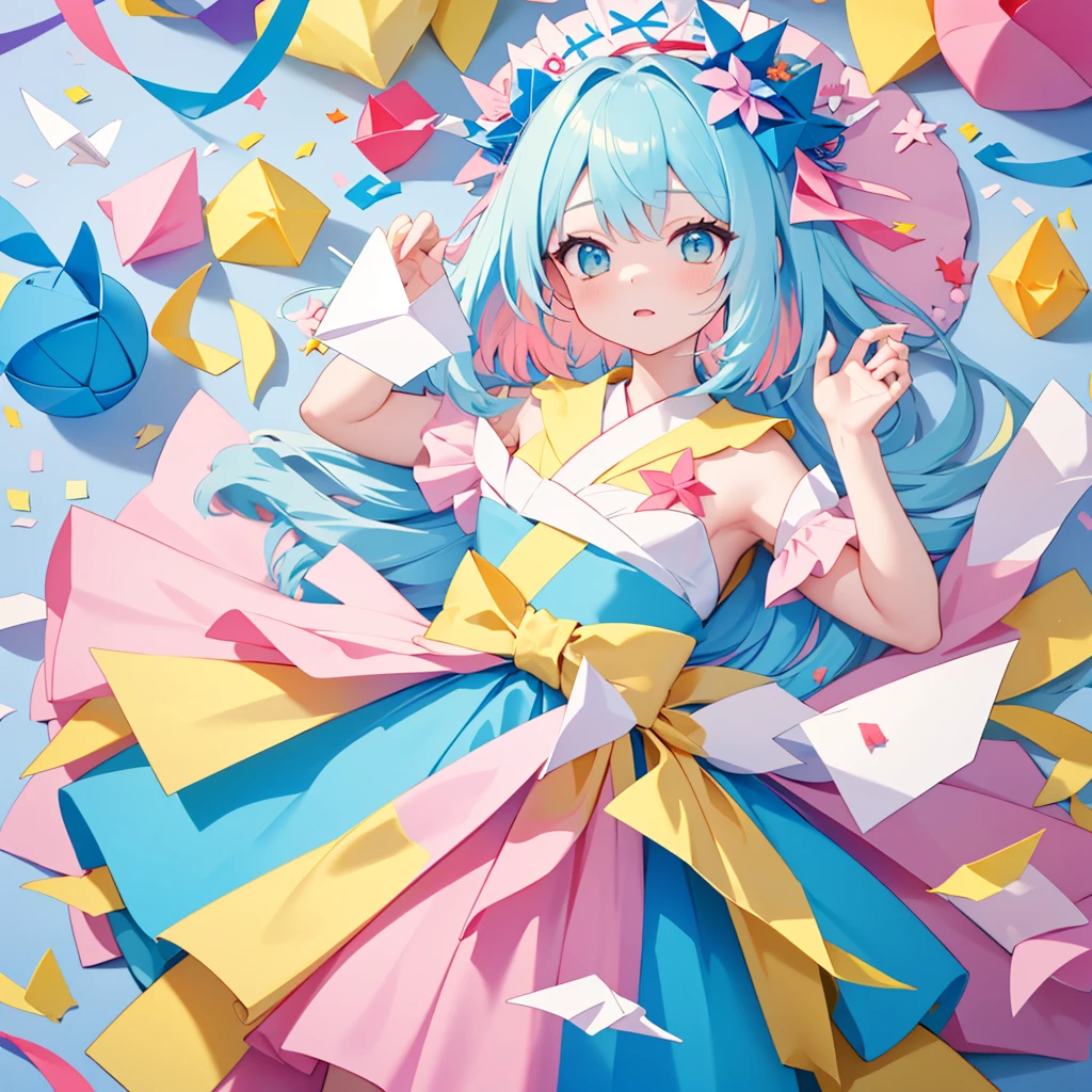 (masterpiece,ultra-detailed,best quality,8K,illustration,shaved:1.2),(petite girl:1.0) dr3ss, (pastel yellow blue pink), (multicolored dress), (origami),confetti,Paper cranes,orizuru