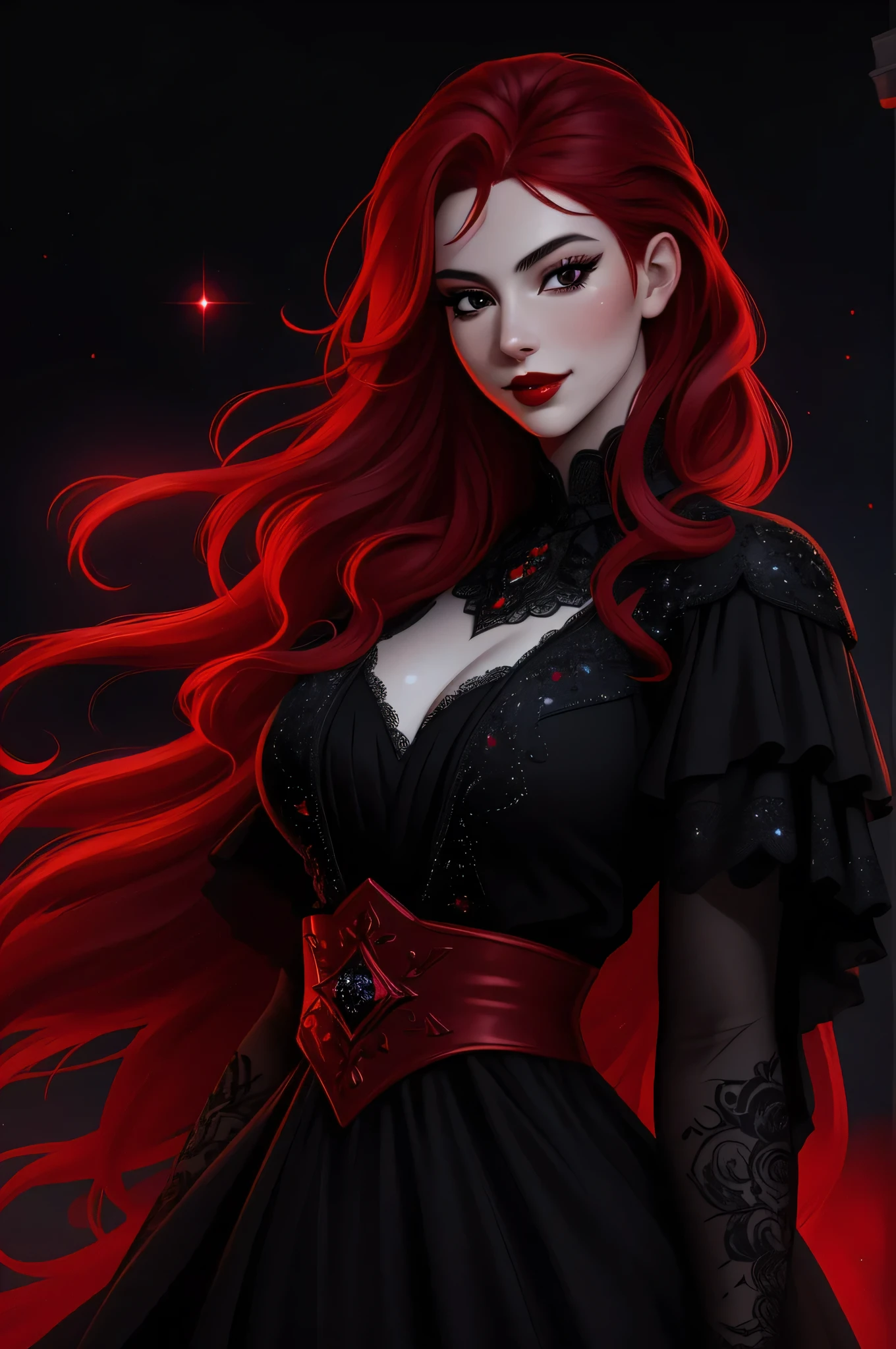 ((vivid red hair)), mature woman, 30 years old, diamond face, red starry sky background, depth of field, magic, big red lips, ((dark and black eyes)) black and red long and full dress, covered chest, mystical atmosphere, ominous shadows, Intense blue aura, Intense red aura (best quality:1.2), absurdres, intricate details, (highly detailed skin:1.2), smile expression, posing, taut and well defined body, attractive. Highly realistic, white skin, beautiful, hyperrealism, skin very elaborated, direct gaze,
