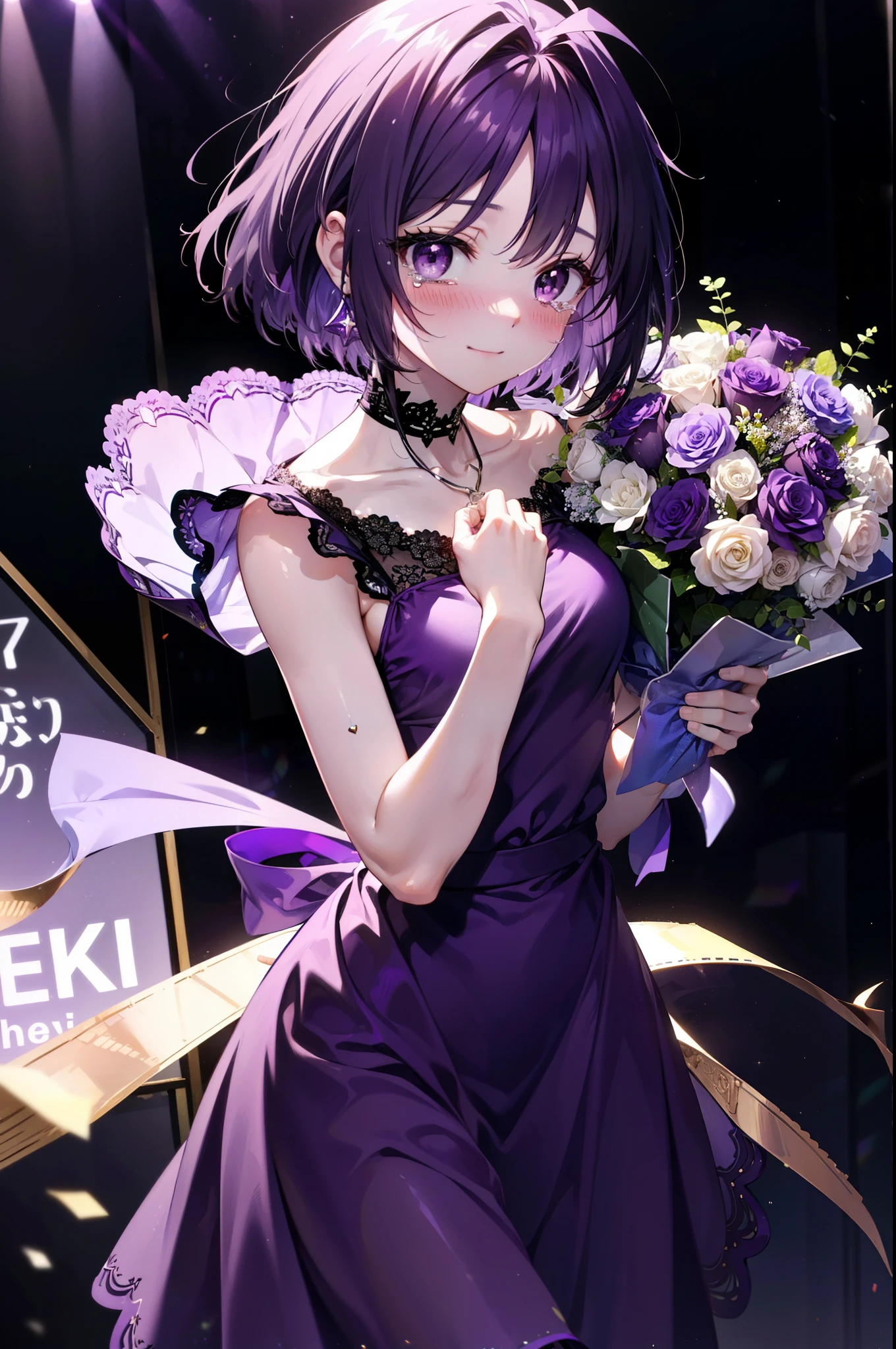 yuukikonno, Yuki Konno,Black Hair,Short Hair,Bob Hair ,Ahoge,Green headband,(Purple eyes:1.5), (Small breasts:1.2), smile,Purple Dress,Purple long skirt,purple stiletto heels,Sleeveless,Expose your shoulders,Bare arms,Bare neck,bare clavicle,She is holding a large bouquet of flowers in both hands...,There is a big cake on the table,Heart Necklace,Tears stream down her face,Tears of joy,I cry a lot,Looking up from below,
break indoors, venue,on stage,
break looking at viewer, Upper Body, (Cowboy Shot:1.5),
break (masterpiece:1.2), highest quality, High resolution, unity 8k wallpaper, (shape:0.8), (Beautiful details:1.6), Highly detailed face, Perfect lighting, Extremely detailed CG, (Perfect hands, Perfect Anatomy),