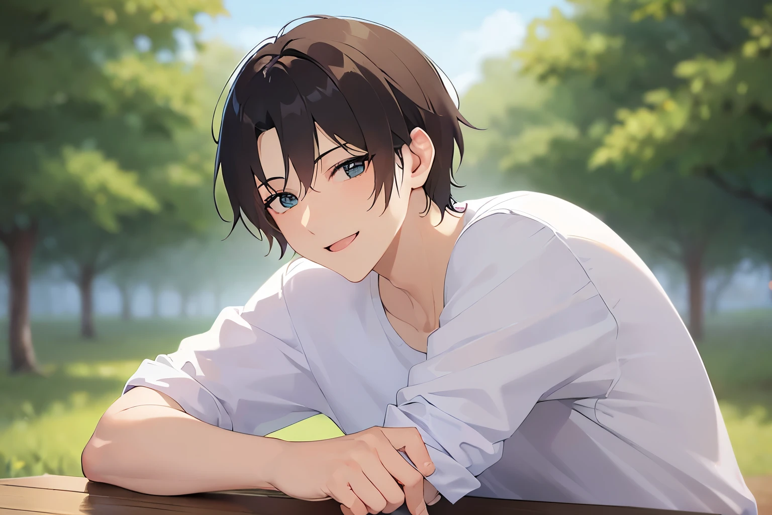scratching head, upper body、shiny skin, masterpiece、highest quality、(25-year-old male:1.5) and (Brown short hair) and (Green Eyes), (White T-shirt)、(smile:1.3), The background is a park、(alone:1.5)