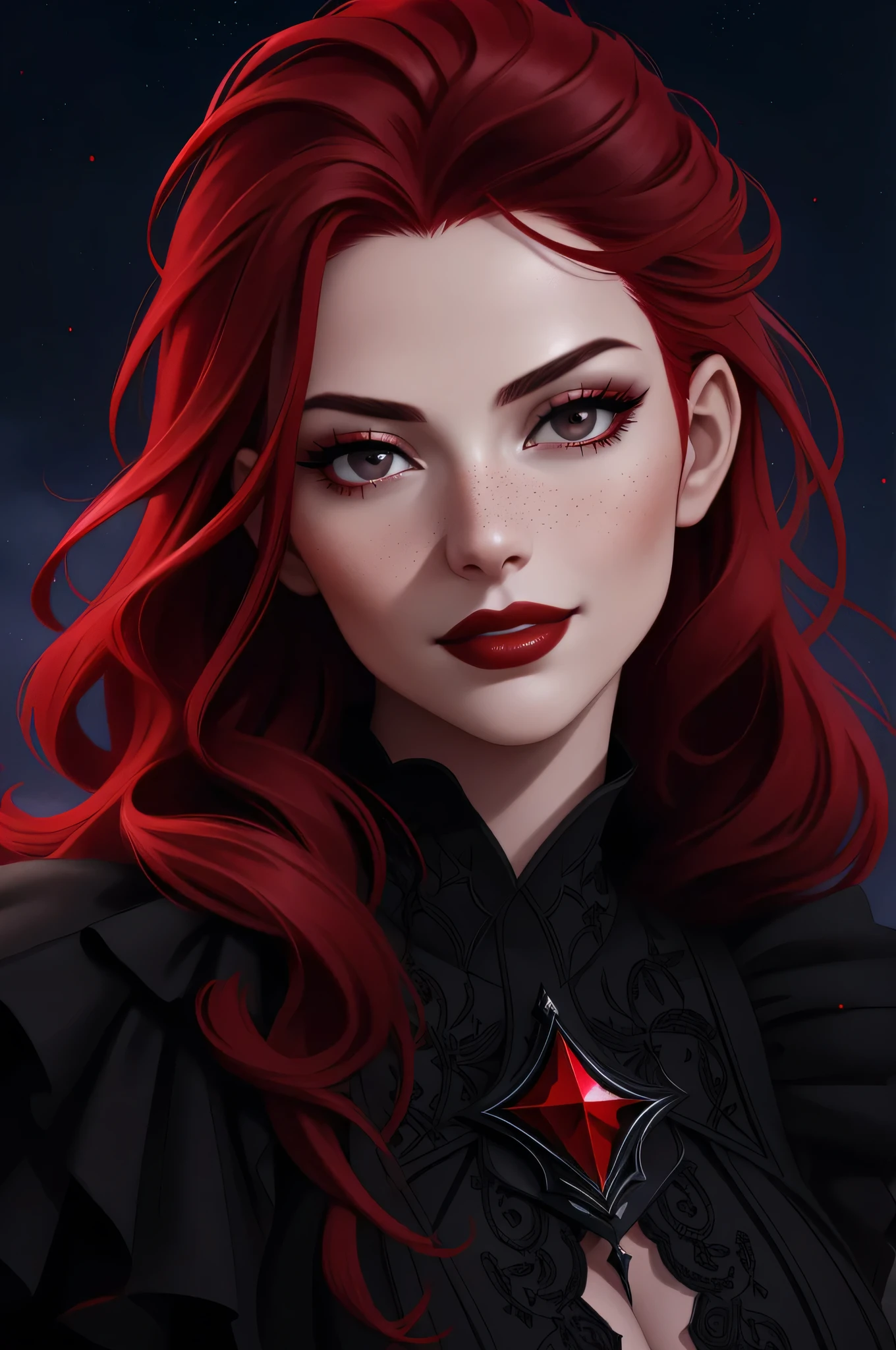 ((vivid red hair)), mature woman, 30 years old, diamond face, red starry sky background, depth of field, magic, big red lips, ((dark and black eyes)) black and red long and full dress, covered chest, mystical atmosphere, ominous shadows, Intense blue aura, Intense red aura (best quality:1.2), absurdres, intricate details, (highly detailed skin:1.2), smile expression, posing, taut and well defined body, attractive. Highly realistic, white skin, beautiful, hyperrealism, skin very elaborated, direct gaze,
