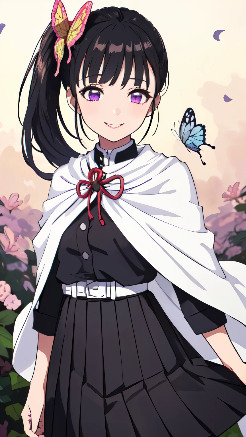 kanao tsuyuri, black hair, butterfly, butterfly hair ornament, (purple eyes:1.1), side ponytail, ponytail, 
black skirt, , pleated skirt, skirt, white cape,
(best quality, masterpiece, RAW photo,ultra-detailed:1.2), 1girl,solo,looking at viewer,smile