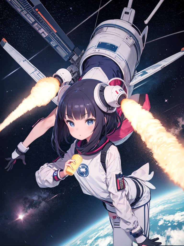 Asian girl in space on an alien planet between the North Star and the Big Dipper