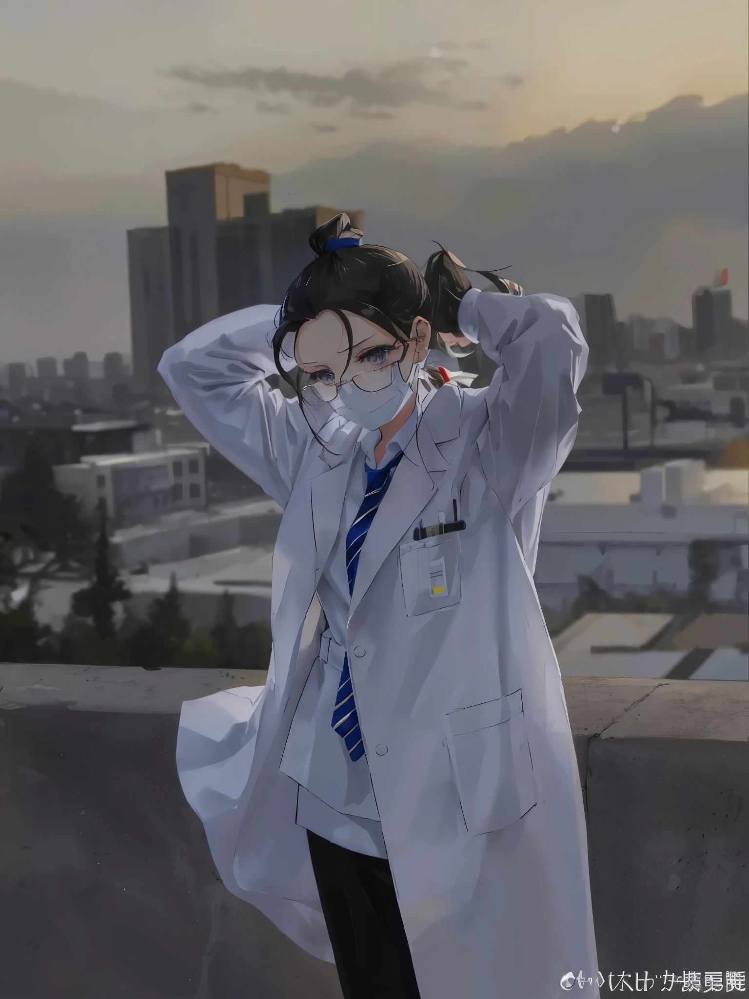 (ponytail forehead hair pulled back:1.3), arafed woman in a white coat and tie standing on a ledge, wearing lab coat and a blouse, with a lab coat, wearing lab coat, wearing a lab coat, white coat, wearing a white lab coat, wearing lab coat and glasses, wearing a labcoat, wearing a white hospital gown, dressed in an old white coat, white lab coat, doctor