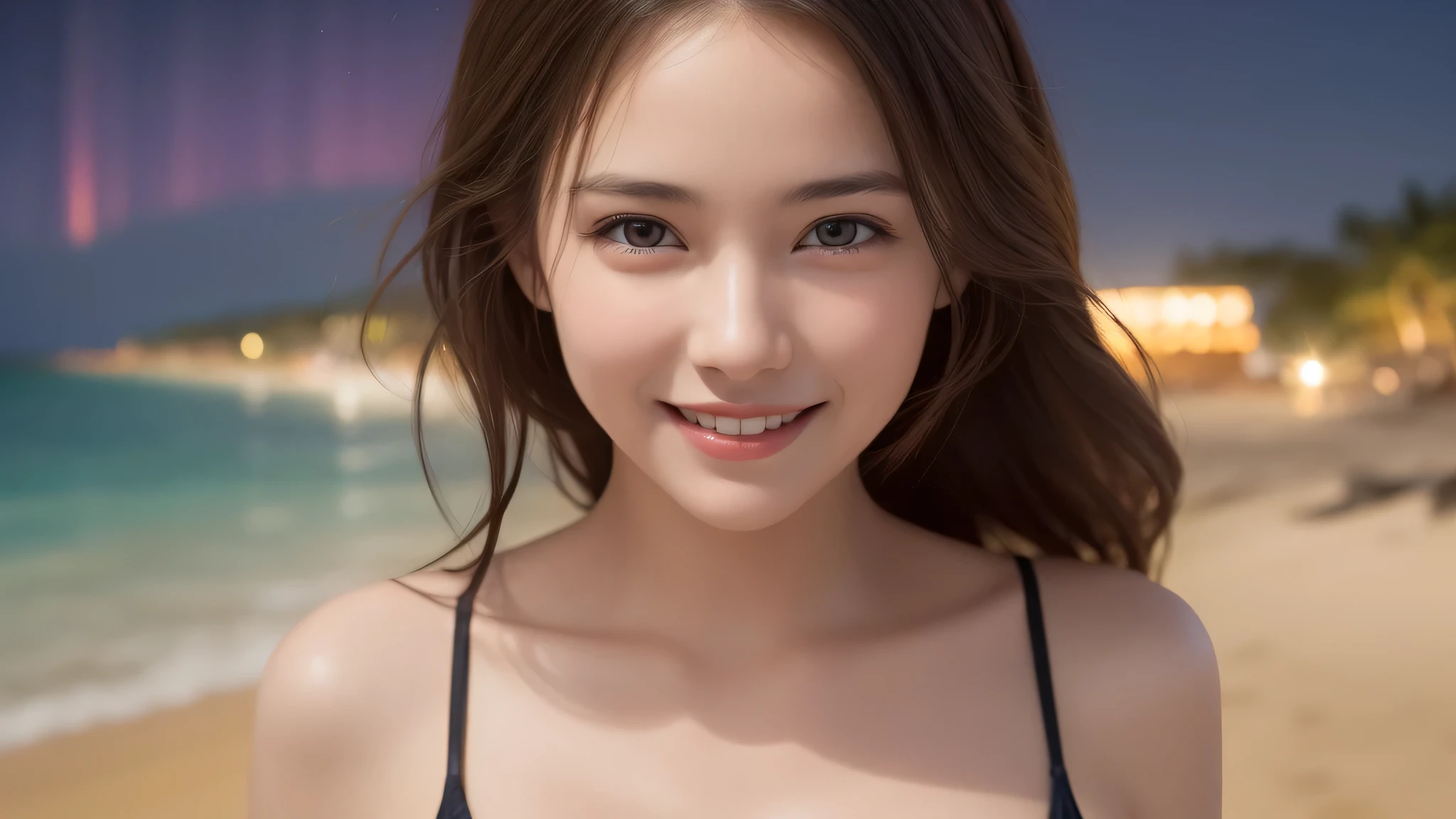 (1ung girl:1.2), (happy smile:1.2), (big round eyes:1.2), (bikini), (cleavage), (Best Quality:1.4), Realistic, extremely detailed CG unified 8k wallpaper, highly detailed, High-definition raw color photos, professional photography, Realistic portrait, Beautiful detailed, Outdoors, (beach), (beach at night:1.4), (aurora in the sky), (Fine face:1.2), Close up portrait of girl,