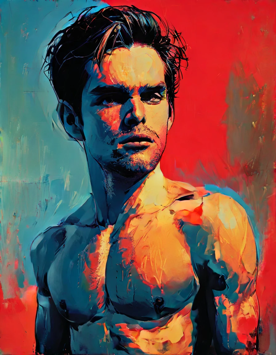 chiaroscuro technique on sensual illustration of an arafed man in white underwear, sexy masculine, diego fazio, male model, by Ludovit Fulla, model with attractive body, inspired by Ludovit Fulla, mid-shot of a hunky, the model draped in flowing, thick oil painting by Harumi Hironaka, extremely soft colors, vibrant, highly detailed, malcolm liepke painting, oil on canvas, high contrast, dramatic, refined, tonal, Create high contrast between light and shadow fire around, there is a red circle on a blue and red square, inspired by Bauhaus, in a shapes background, brown red blue, circle forms, red blue, by Leon Polk Smith, memphis abstract minimal art, graphic shapes, minimal art, blue and red, minimal art style, bauhaus art, inspired by El Lissitzky, bold simple shapes