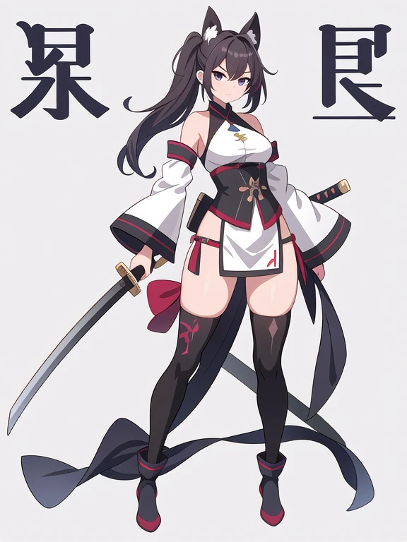 (((Best Quality))) , ((full body)), female, character sheet, solo, (white background), bare shoulders, sleeve, thigh high, katana,