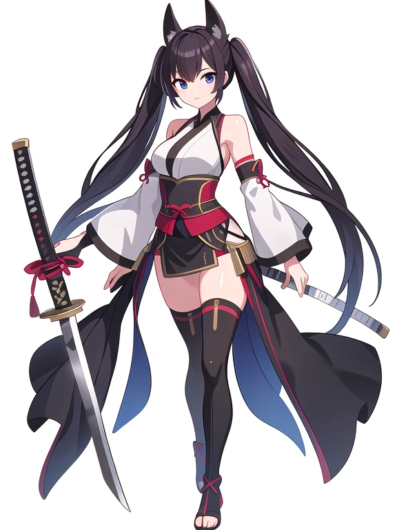 (((Best Quality))) , ((full body)), female, character sheet, solo, (white background), bare shoulders, sleeve, thigh high, katana,