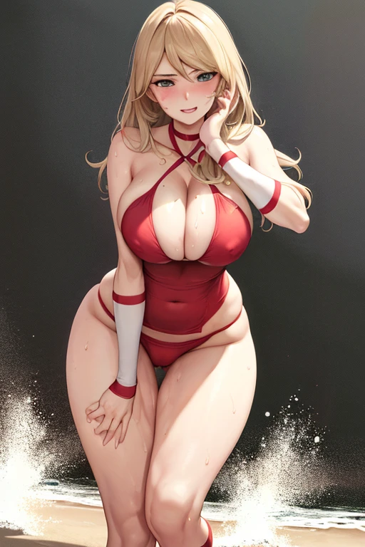 masterpiece, best quality, beautiful art, high resolution, well formed hands, body and fingers, 1 woman, solo, Kate Upton, grown up, adult, hair ribbon , big breasted, cleavage full body, gorgeous legs and thighs, wearing a Tyris Flare outfit, sexy and skimpy bikini, she is doing exercise, warming up, stretching her body, bouncing breasts, sexy and captivating training, working out, sweating, smiling joyfully and brightly, training montage session, beach environment