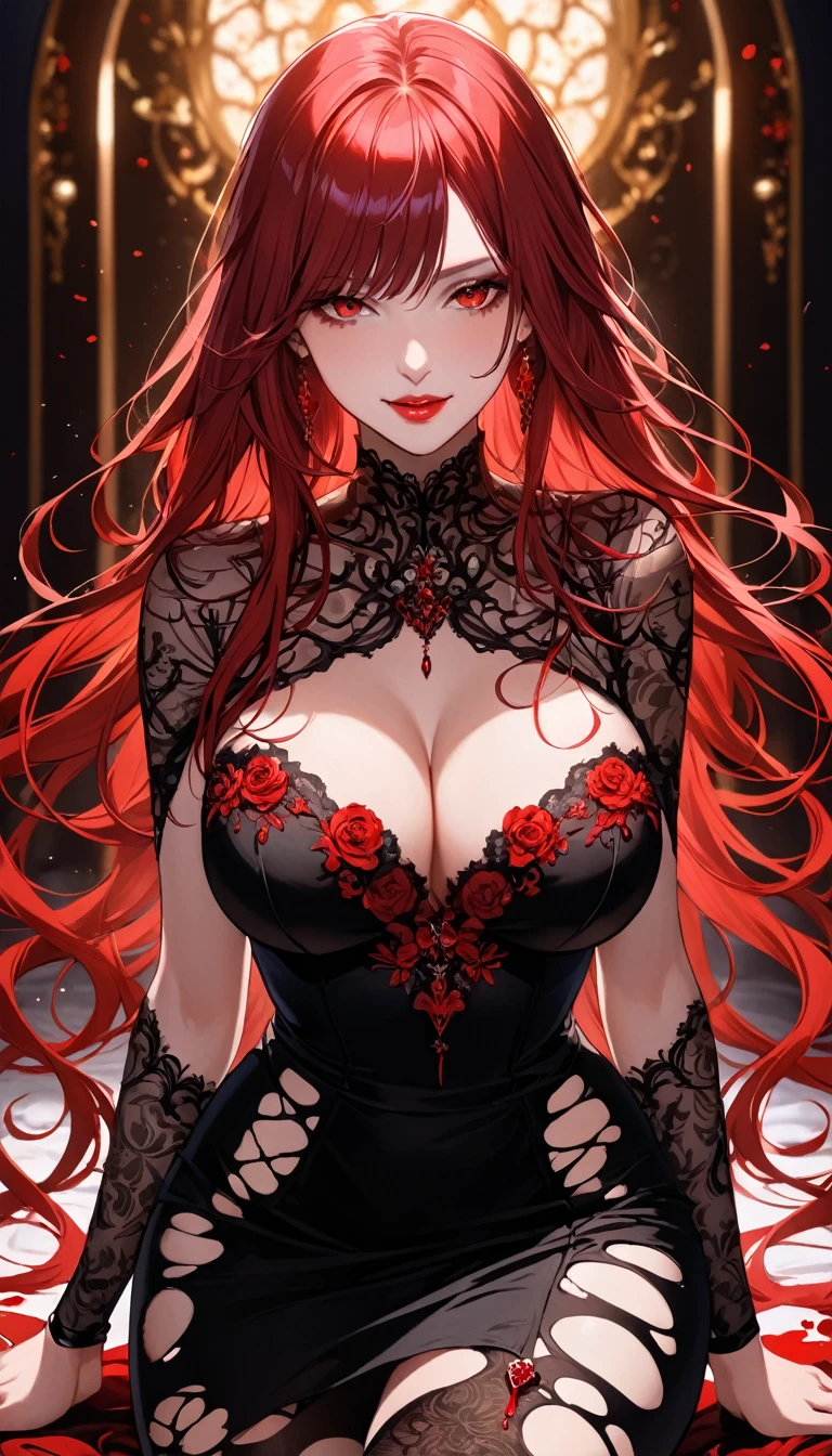 best quality,masterpiece, an extremely delicate and beautiful, CG,extremely detailed ,highres, extremely detailed,depth of field, 1girl,beautiful detailed girl,(Blood red hair),long_hair, beautiful detailed red eyes,(makeup:1.2),Red lips,light on face,(seductive smile:1.2),big breasts,(thigh),Torn pantyhose,Torn dress,(full body blood),(cowboy shot:1.2)
