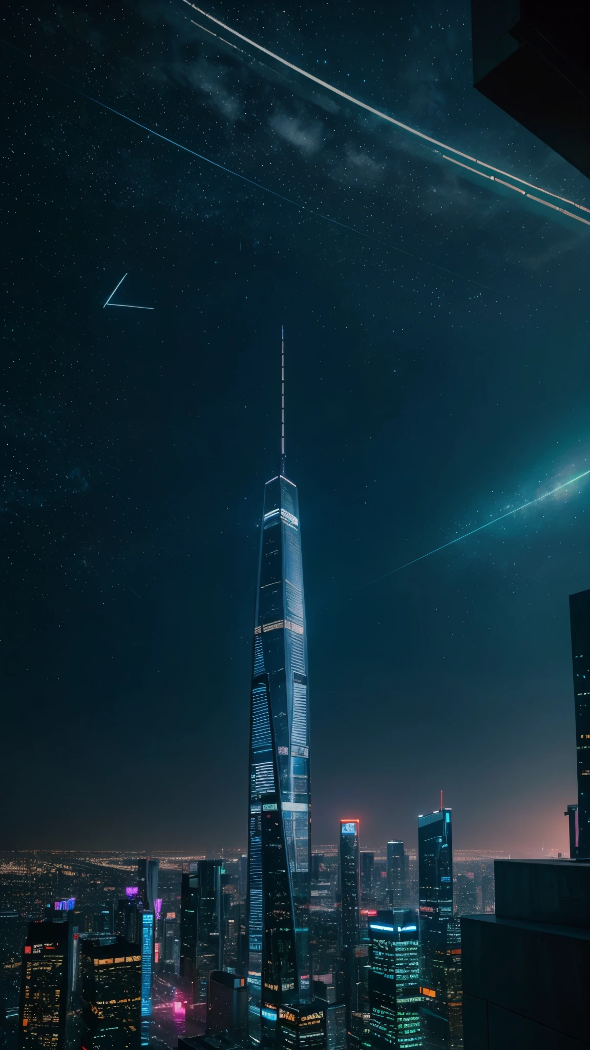 A futuristic city with neon lights, towering skyscrapers, flying cars, and bustling streets, all set under a starry night sky with a slight neon haze.