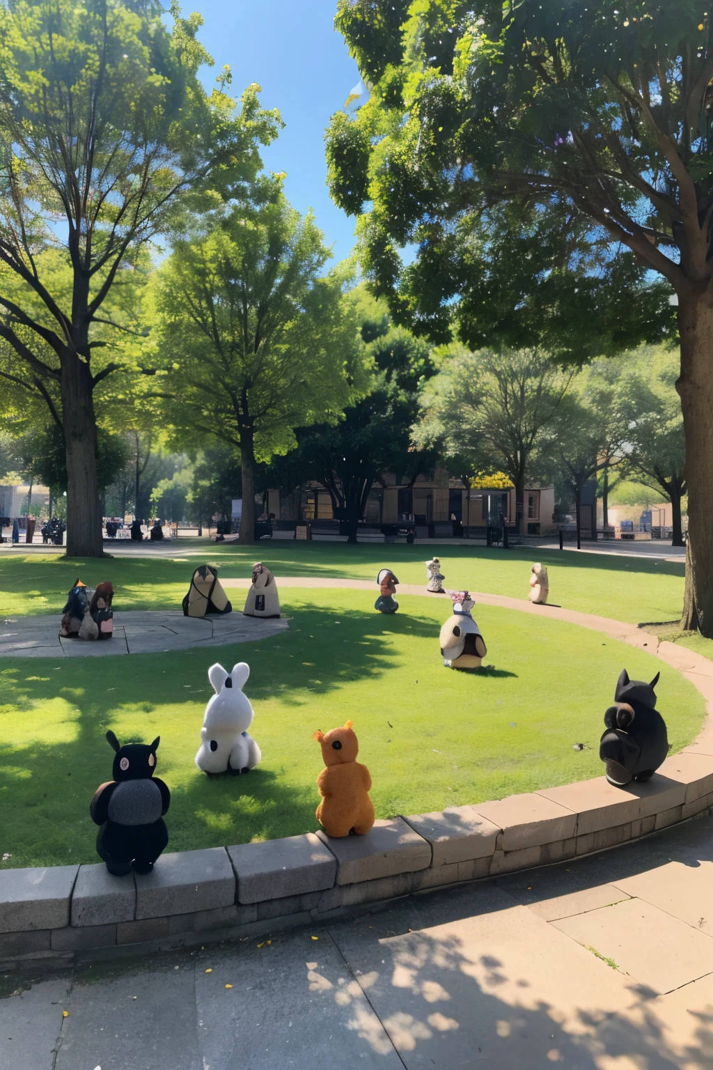 We can see from afar the ground in the center of the open park square.,20 animal dolls are placed together,4 per row,There are 5 rows,All dolls are in standing position,These dolls are around,Scattered with colorful circles