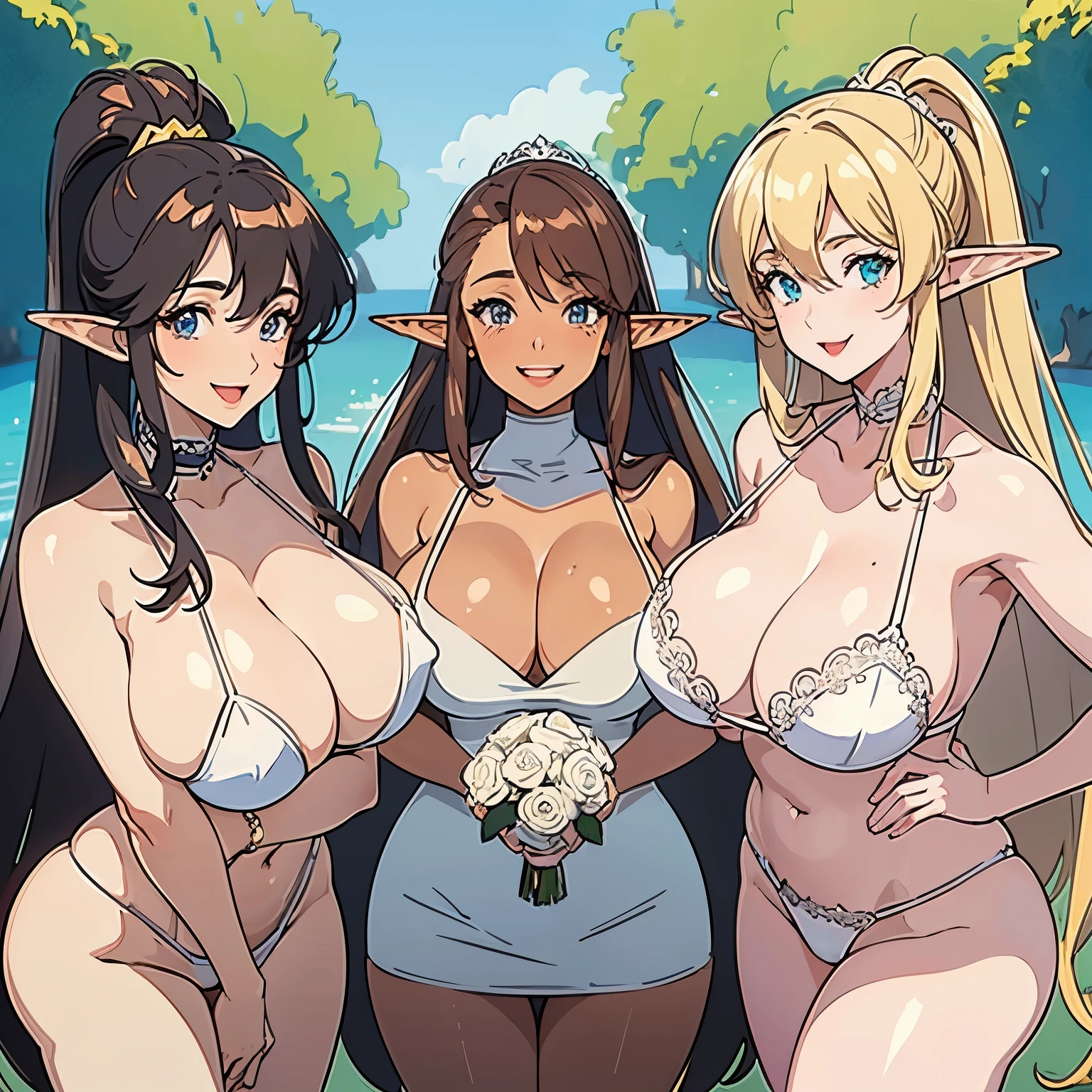 best quality, 4k, masterpiece, ultra-detailed, studio lighting, cheerful, vibrant expression, ((sexy elf trio lined up)), gigantic breasts, cleavage of the breast, a blond, teats, thighs thighs thighs thighs, white lace wedding dress, very small wedding dress, swimsuit was wet, Dark skin, ladies, Brown hair, curvy body, ((sfw:1.3)), 1990's anime cels style,