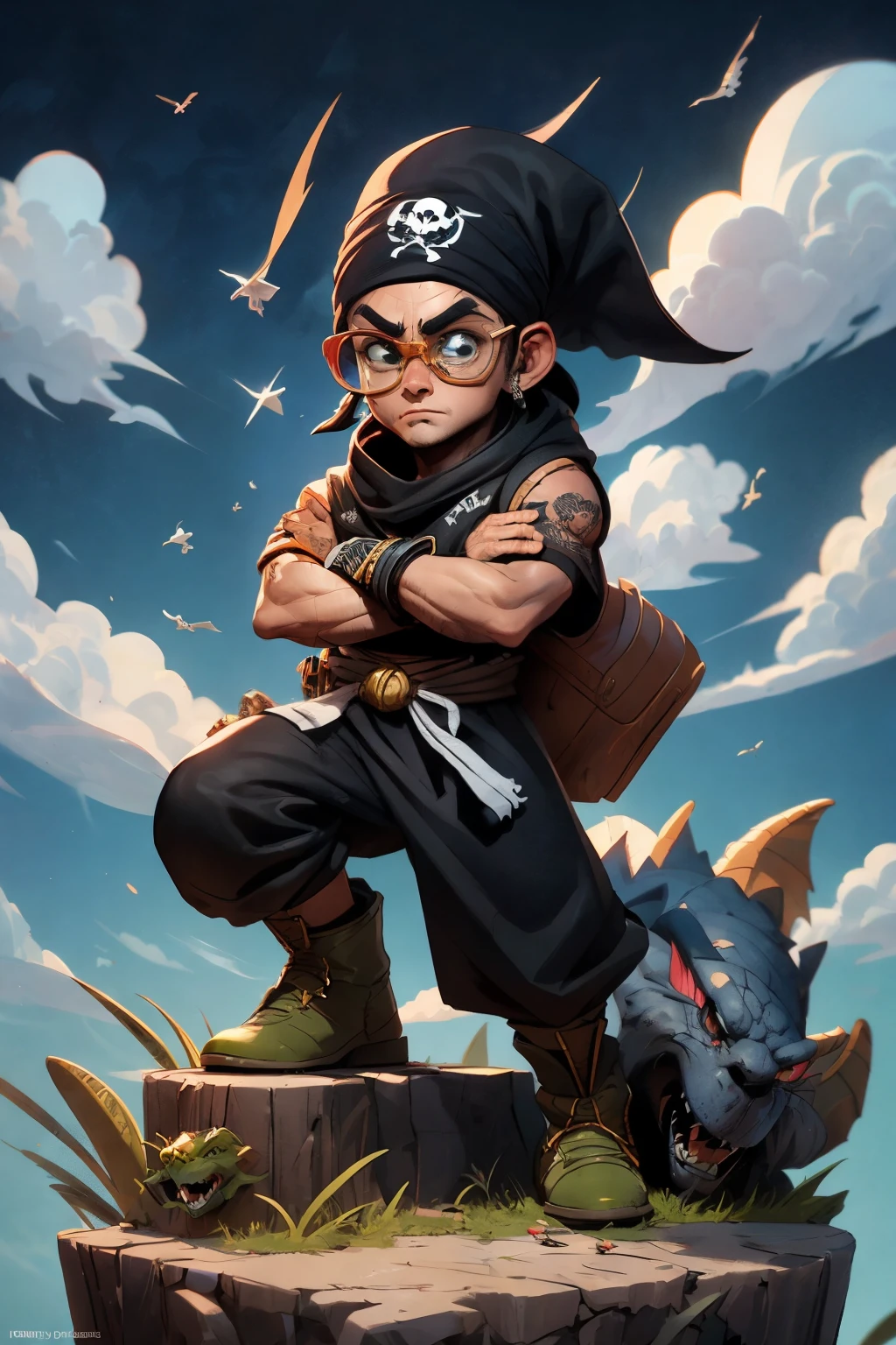 personnage 3D, cover d'album de musique, sur un nuage dans le ciel, rappeur, bandana noir de pirate, lunettes noires, tatouages(tout le corps:1.2),fond ciel nuageux dragon ball z, chef-d'artwork,best quality,(blue gradient background:1.1)