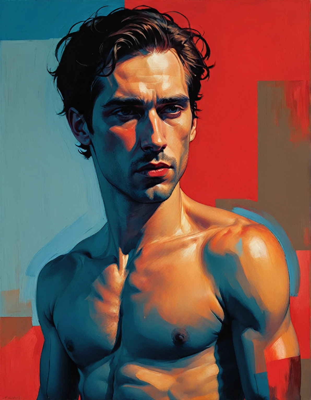 chiaroscuro technique on sensual illustration of an arafed man in white underwear, sexy masculine, diego fazio, male model, by Ludovit Fulla, model with attractive body, inspired by Ludovit Fulla, mid-shot of a hunky, the model draped in flowing, thick oil painting by Harumi Hironaka, extremely soft colors, vibrant, highly detailed, malcolm liepke painting, oil on canvas, high contrast, dramatic, refined, tonal, Create high contrast between light and shadow fire around, there is a red circle on a blue and red square, inspired by Bauhaus, in a shapes background, brown red blue, circle forms, red blue, by Leon Polk Smith, memphis abstract minimal art, graphic shapes, minimal art, blue and red, minimal art style, bauhaus art, inspired by El Lissitzky, bold simple shapes