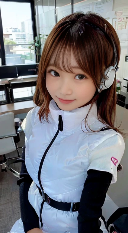 highest quality、超A high resolution、(Photorealistic:1.4)、Beauty、Korean Idol、21 years old、Highly detailed eyes and face、Beautiful and fine details、Eyeliner、High nose、Small Face、Natural light、Depth of written boundary、Blurred Background、High resolution、8k wallpaper details、Highly detailed 8K wallpapers、Hair length、Light brown hair、Neat wavy hairstyle、、Very small breasts、Realistic eyes, 細い narrow eyes、Beautiful Eyes、Laughter、(astrovest):10,(black sleeves):5,(headphone ):2、BREAK Hi-tech office interior、Glass-walled conference room、Modern design desk and chair、PC and dual monitors、Foliage plant、Interactive Whiteboard、Open space、People who collaborate々