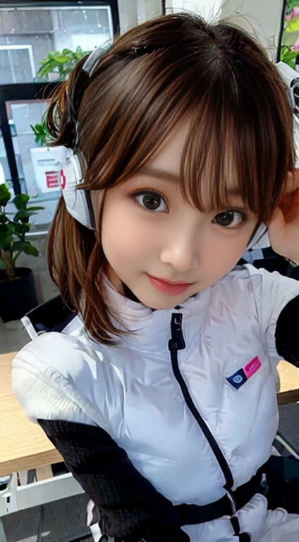 highest quality、超A high resolution、(Photorealistic:1.4)、Beauty、Korean Idol、21 years old、Highly detailed eyes and face、Beautiful and fine details、Eyeliner、High nose、Small Face、Natural light、Depth of written boundary、Blurred Background、High resolution、8k wallpaper details、Highly detailed 8K wallpapers、Hair length、Light brown hair、Neat wavy hairstyle、、Very small breasts、Realistic eyes, 細い narrow eyes、Beautiful Eyes、Laughter、(astrovest):10,(black sleeves):5,(headphone ):2、BREAK Hi-tech office interior、Glass-walled conference room、Modern design desk and chair、PC and dual monitors、Foliage plant、Interactive Whiteboard、Open space、People who collaborate々