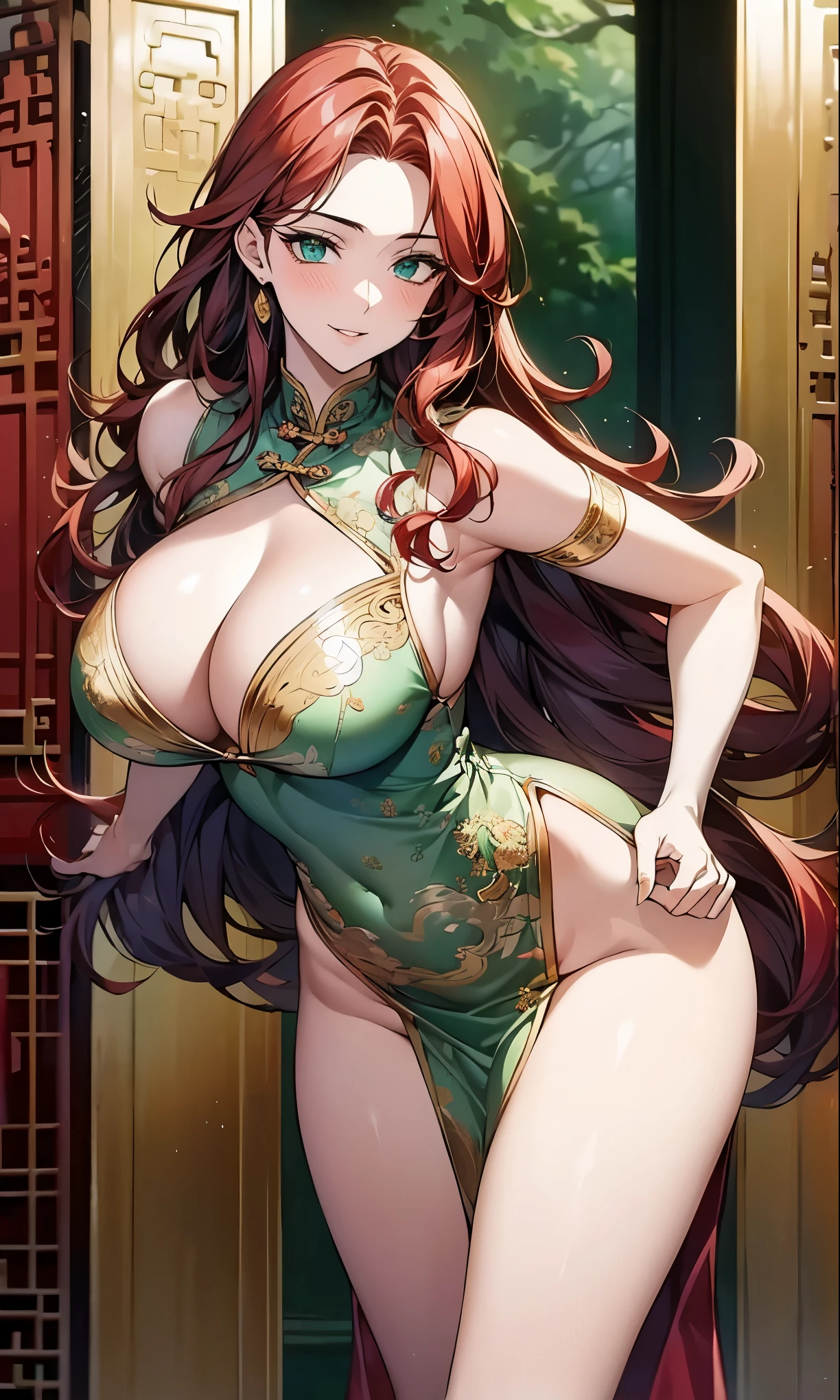 (art: 1.2), (best quality: 1.2) 1 woman, mature, tall (1.85 cm), appeared to be around 18 years old, had long red hair, straight and shiny hair, tied in a style Chinese taotist, green eyes like a green sapphire, extremely detailed eyes, perfect eyes, extremely realistic eyes, well-aligned eyes, long eyelashes, anime style, perfect face, mature face, full lips, smiling, mature, fair skin, natural body , SEXY BODY, mature body, perfect hands, detailed hands, hands well proportioned to the body, realistic hands, arms with good anatomy, she only wore a white Chinese style dress decorated in gold and silver that still couldn't hide her extremely large breasts and huge ones that were hanging due to their size, thick thighs, wide hips, looking at the viewer, background scene, scene of a hall of a Chinese-style pavilion, posing alone Looking at the viewer