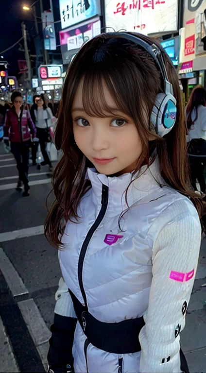 highest quality、超A high resolution、(Photorealistic:1.4)、Beauty、Korean Idol、21 years old、Highly detailed eyes and face、Beautiful and fine details、Eyeliner、High nose、Small Face、Natural light、Depth of written boundary、Blurred Background、High resolution、8k wallpaper details、Highly detailed 8K wallpapers、Hair length、Light brown hair、Neat wavy hairstyle、、Very small breasts、Realistic eyes, 細い narrow eyes、Beautiful Eyes、Laughter、(astrovest):10,(black sleeves):5,(headphone ):2、BREAK Futuristic city street、Neon Light、Holographic Advertising、Modern Architecture、Cyberpunk elements、Clean and orderly streets、Skywalk、Electric car、Futuristic fashion person々