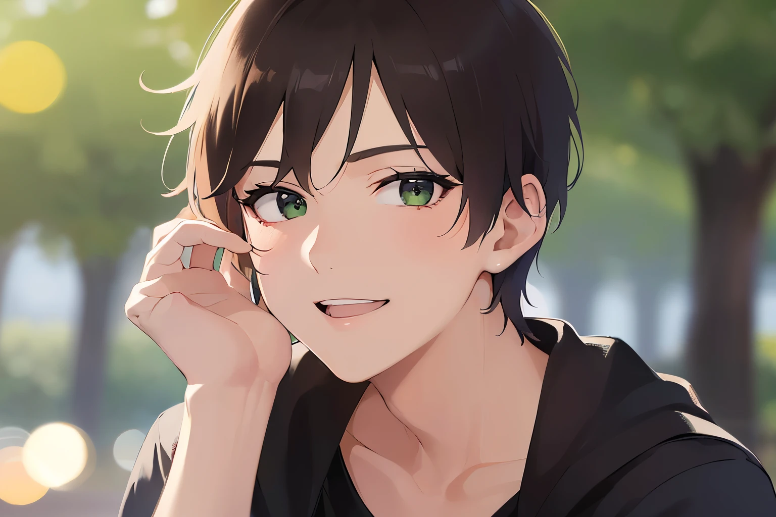 Placing hand on chin, upper body、shiny skin, masterpiece、highest quality、(25-year-old male:1.5) and (Brown short hair) and (Green Eyes), (White T-shirt)、(smile:1.3), The background is a park、(alone:1.5)