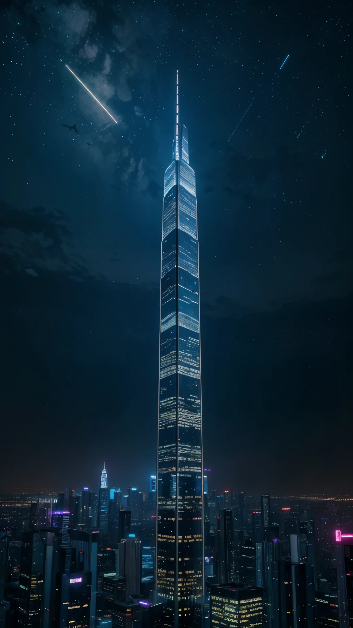 A futuristic city with neon lights, towering skyscrapers, flying cars, and bustling streets, all set under a starry night sky with a slight neon haze.

