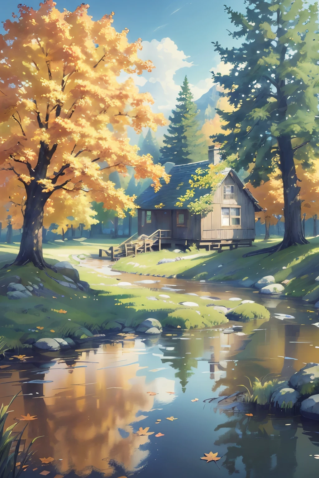 The original，（Implications：1.1），（Best quality），（masterpiece：1.1），（Extremely detailed CG Unity 8K wallpaper），（One color：1.2），maple，Maple Leaf，landscape，