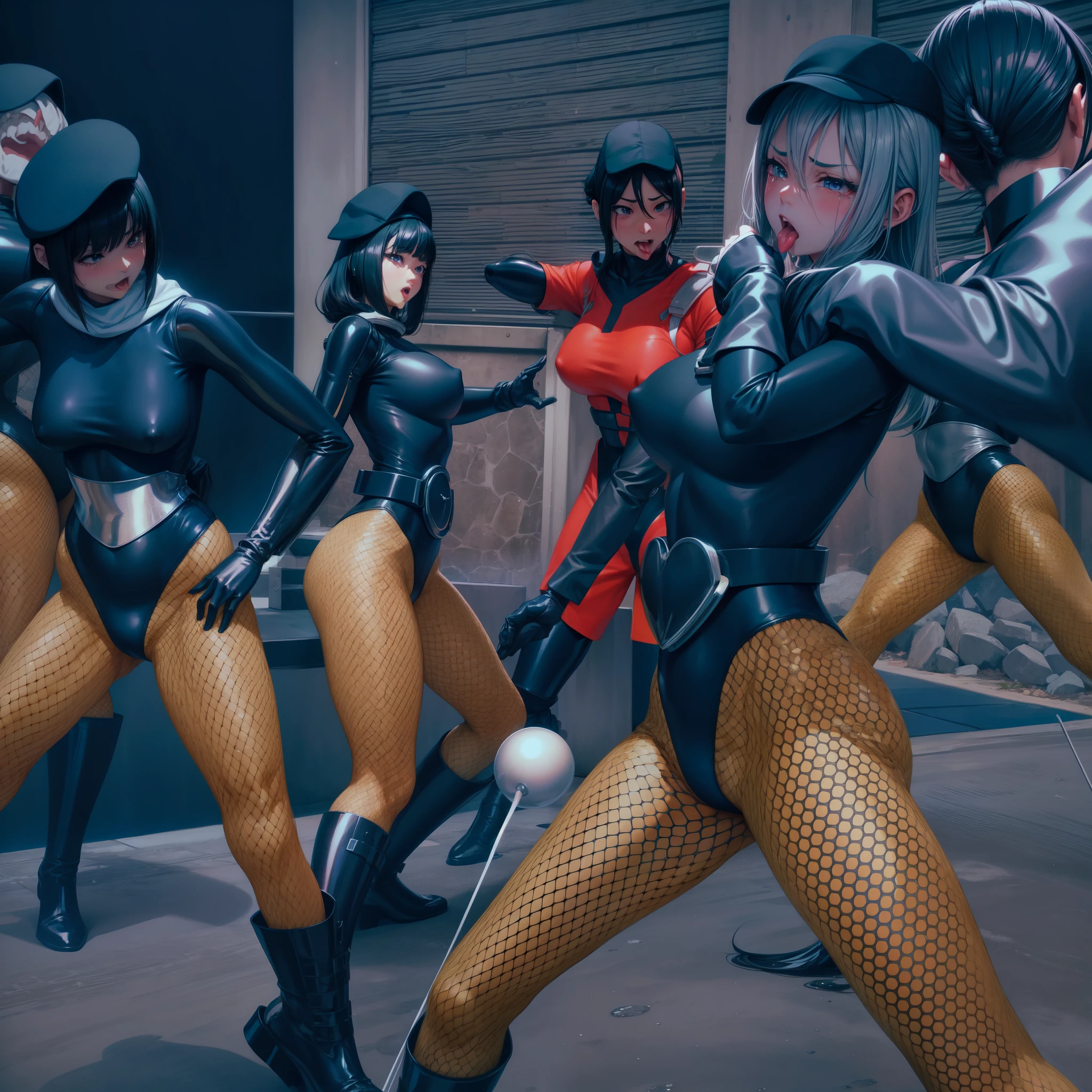 Close-up of a girl in a black leotard、Black shiny latex suit, Saiyan Girl, wonderful, Nano Girl, Female body type, Inspired by Hiromu Arakawa, Anime Manga Robot!! Anime Girls, Fubuki, Full Body Suit, by Hiromu Arakawa, , wonderful, silk, Beautiful and attractive anime , Anime Girls of the future, tears,Drooling,Pee,Sweat,Tongue out,incontinence,Peeing,Mouth open and tongue out,Estrus,Eyes wide open,Estrus,Blushing,Nipples are erect,Face is hot,Lust、Mouth wide open and tongue sticking out、Red face print on upper face and chin、incontinenceして股間が濡れています