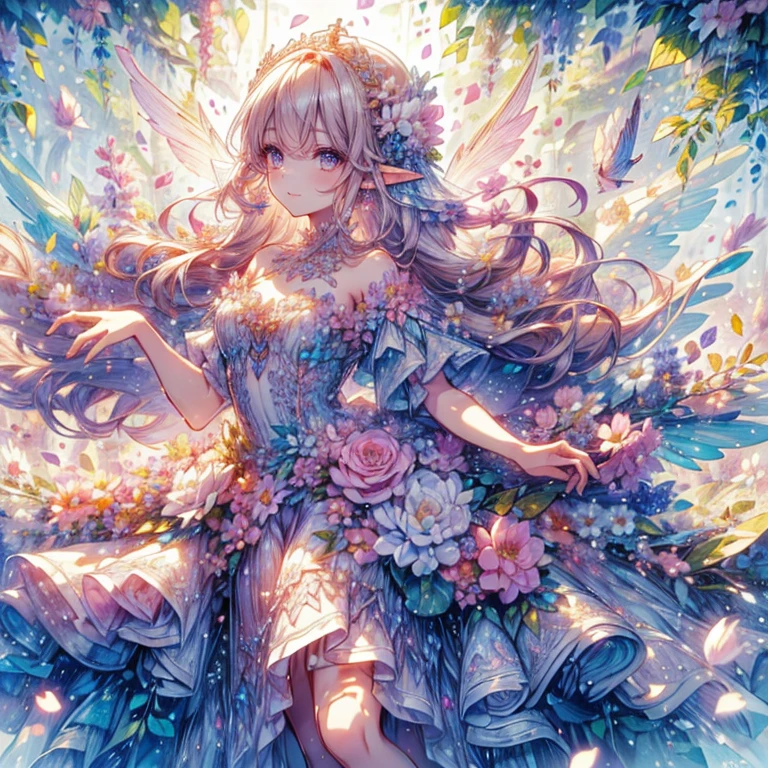 (highest quality, masterpiece, Super detailed, very detailed, exquisite, 16k,Full HD),A little closer,golden ratio,dramatic lighting,pastel colour,seems to be happy,fly in the sky,soft lighting, ((alone:1.5)),(blue sky,morning sky,Sunny),magical forest,flower,wood,Flower Field,Leaves and petals fluttering,From above,((head shot)),Flowers filling the screen,(fairy princess, purple eyes, long eyelashes,white skin,slim,pale pink plump lips,pale pink cheeks, The wind is blowing,blonde,thin and long,(thin and high nose,small nose),(From above her waist, a giant fairy wing),The magic of flower,flower tiara,diamond earrings,Diamond Choker,(White ball gown dress with flower petal motif, A dress decorated with flowers,lace and ruffles),(smile:1.2), (fantasy, romantic atmosphere),