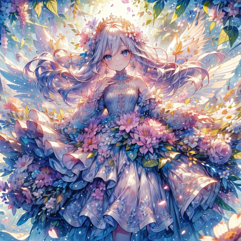 (highest quality, masterpiece, Super detailed, very detailed, exquisite, 16k,Full HD),A little closer,golden ratio,dramatic lighting,pastel colour,seems to be happy,fly in the sky,soft lighting, ((alone:1.5)),(blue sky,morning sky,Sunny),magical forest,flower,wood,Flower Field,Leaves and petals fluttering,From above,((head shot)),Flowers filling the screen,(fairy princess, purple eyes, long eyelashes,white skin,slim,pale pink plump lips,pale pink cheeks, The wind is blowing,blonde,thin and long,(thin and high nose,small nose),(From above her waist, a giant fairy wing),The magic of flower,flower tiara,diamond earrings,Diamond Choker,(White ball gown dress with flower petal motif, A dress decorated with flowers,lace and ruffles),(smile:1.2), (fantasy, romantic atmosphere),