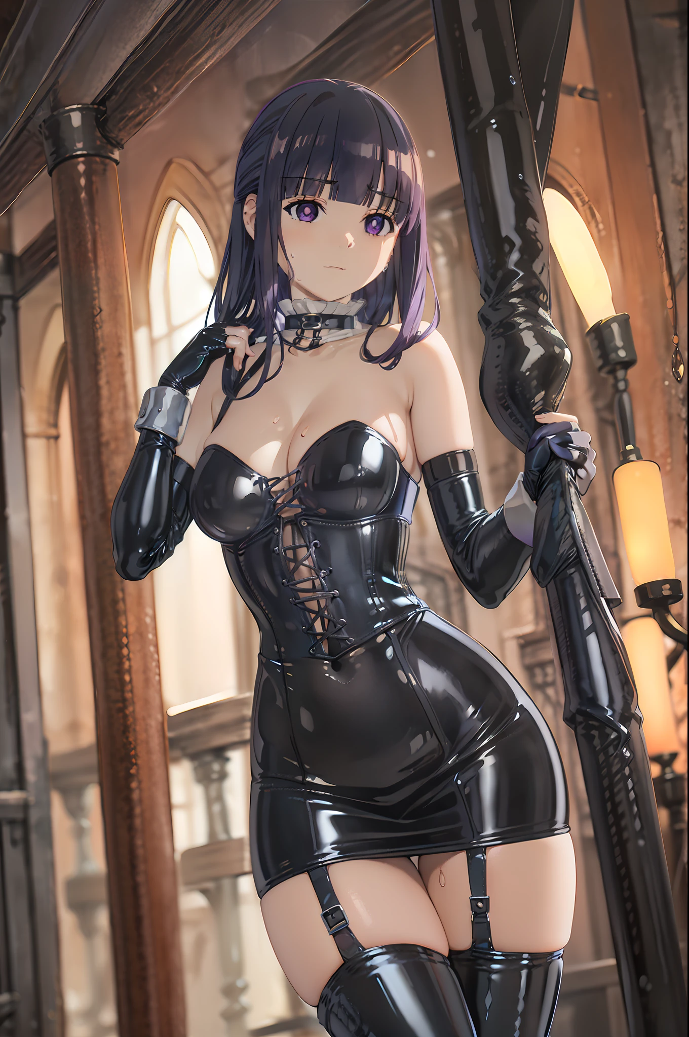 (highest quality, masterpiece),sexy, Erotic, 1 girl, 18-year-old, despise, I am proud, Purple long hair, ((Purple eyes)), Looking at the audience, medieval tabernacle, (close), ((Dark Room)), Sweat, Candles are lit, (((Expressionless))), ((Cleavage)), Inside the torture chamber, Where the various tools are located、sexyなポーズ、Spread your legs、
BDSM、Queen、mistress、(((One girl)))、solo、(((Long gloves covered to the fingertips in black latex:1.4 )))、(((Black latex corset dress:1.4)))、(((The corset dress is decorated with beautiful lace.)))、(((Corset dress with shoulder straps)))、(((Black latex tight mini skirt:1.4)))、(((Black Thigh Boots)))、(((Black fishnet stockings:1.2 )))、Stiletto heels、(((Black latex panties)))、(((Black latex bra)))、(((Black leather collar)))、(((sexyなポーズ:1.4 )))、Wide-open legs:1.2、(((Erotic)))、(((Cowboy Shot)))、Expressionless、((blush))、