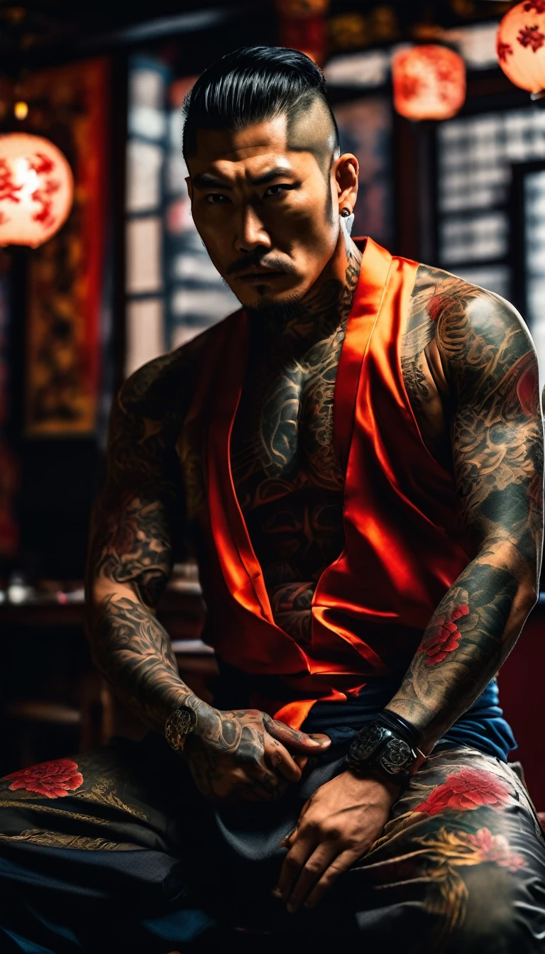 A Yakuza member receiving a traditional irezumi tattoo, marking their commitment to the organization for life, detail, shot, dramatic, daylight, indoor studio lights, medium shot , highly detailed, vibrant, detailed textures, medium shot, ultrawide, full length shot, realistic, bright, ultrarealistic, realistic focus face, bright scene, city, 8k ,hyper realistic, ultra detailed hyper realistic, photorealistic, Studio Lighting, reflections, Cinematic, historical accuracy, Color Grading, Photography, Shot on 50mm lens, Depth of Field, hyper-detailed, beautifully color, 8k