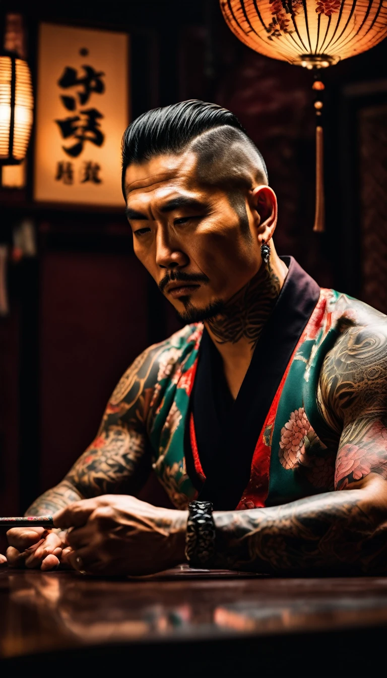 create an image of a japanese mafia, violent, brutal, fierce, intimidating, irezumi tattoos all over man's body, wearing japanese traditional half pants, goden accessories, ryokan, there are dead branches on the long wooden bench, tea set, tea making, japanese elegant and simple small white ceramic tea set, zen elements, elegant and high-end effect, make it look textured, (full body). 70's movie style, vintage color film, (18mm lens, wide angle: 1.3)