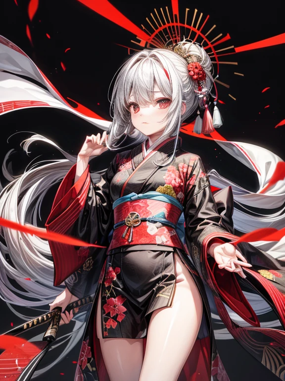 Girl in kimono standing with Japanese sword, white medium hair, red eyes, red lips, kimono with red cluster amaryllis pattern on black background, red splash pattern on black background, super high quality, super fine detail, super fine kimono pattern