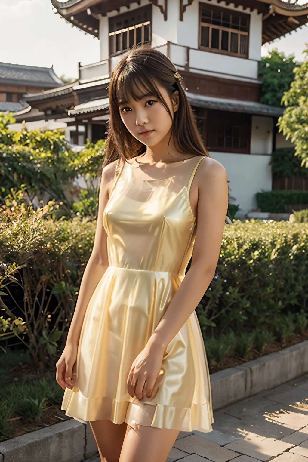 a young asian girl full body wearing transparent very short princess dress with golden color 