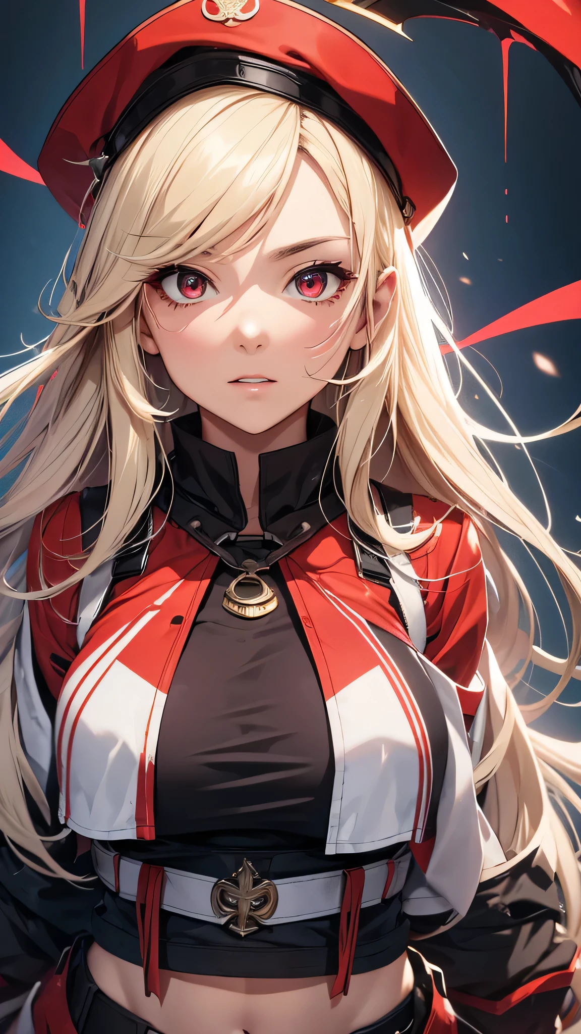 Icon with red aesthetics of a blonde woman with blue eyes, full torso