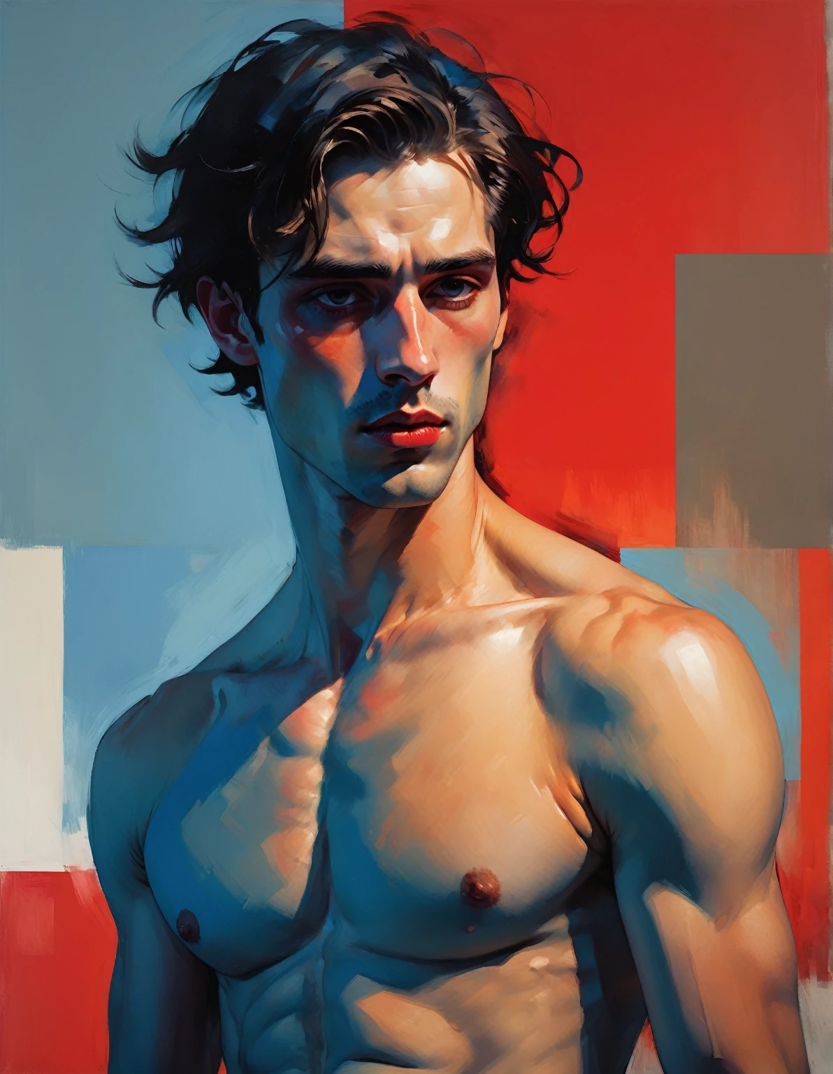 chiaroscuro technique on sensual illustration of an arafed man in white underwear, sexy masculine, diego fazio, male model, by Ludovit Fulla, model with attractive body, inspired by Ludovit Fulla, mid-shot of a hunky, the model draped in flowing, thick oil painting by Harumi Hironaka, extremely soft colors, vibrant, highly detailed, malcolm liepke painting, oil on canvas, high contrast, dramatic, refined, tonal, Create high contrast between light and shadow fire around, there is a red circle on a blue and red square, inspired by Bauhaus, in a shapes background, brown red blue, circle forms, red blue, by Leon Polk Smith, memphis abstract minimal art, graphic shapes, minimal art, blue and red, minimal art style, bauhaus art, inspired by El Lissitzky, bold simple shapes