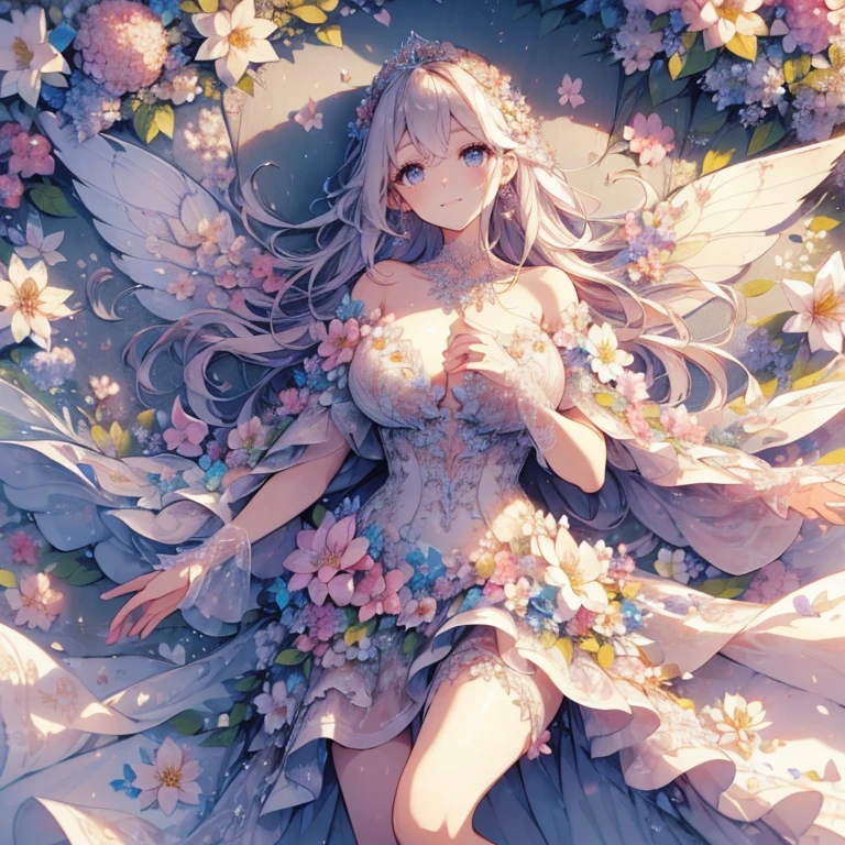 (highest quality, masterpiece, Super detailed, very detailed, exquisite, 16k,Full HD),A little closer,golden ratio,dramatic lighting,pastel colour,seems to be happy,fly in the sky,soft lighting, ((alone:1.5)),(blue sky,morning sky,Sunny),magical forest,flower,wood,Flower Field,Leaves and petals fluttering,From above,((head shot)),Flowers filling the screen,(fairy princess, purple eyes, long eyelashes,white skin,slim,pale pink plump lips,pale pink cheeks, The wind is blowing,blonde,thin and long,(thin and high nose,small nose),(From above her waist, a giant fairy wing),The magic of flower,flower tiara,diamond earrings,Diamond Choker,(White ball gown dress with flower petal motif, A dress decorated with flowers,lace and ruffles),(smile:1.2), (fantasy, romantic atmosphere), 