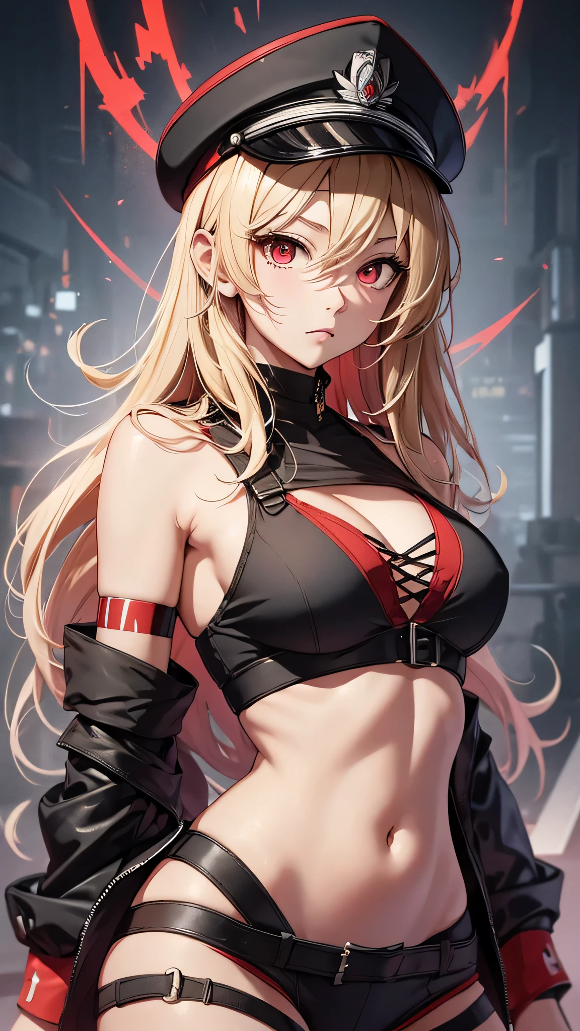 最high quality、Best image quality、masterpiece、girl((Age 25、 By becoming、Best Bust、Medium Bust,Wide open breast tea、Red glowing eyes,Blonde、Red Mesh、Disheveled Hair、Lointail、thin,The highest valley、Open chest、Luminous Wristbands、hair ornaments、Show the whole body,Black tank top、Red Bandana、Shortuscular、revolver、scar、Military Cap、Shooting Pose、Full body scar、)),high quality、Beautiful art、background((Photography room))、Flight、Flying debris、Written boundary depth、movie、Visual Arts、Perfect art、8K,Genuine,