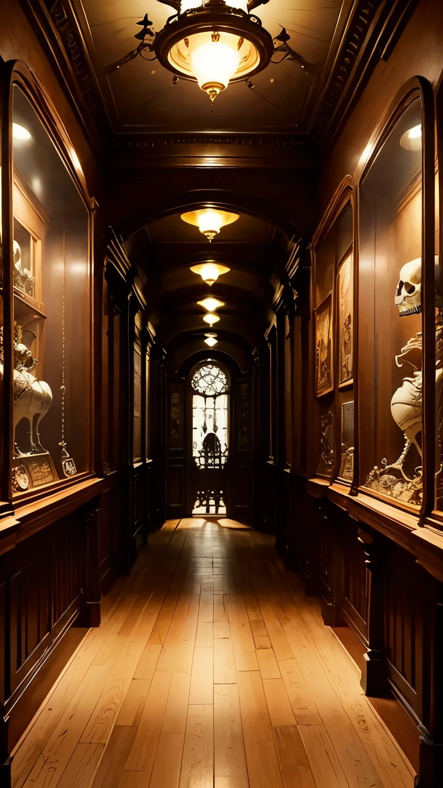 steampunkai。highest quality。Masterpiece。Detailed details。Creepy dark hallway。Historic building corridor。On the antique desk in the corner of the hallway(Inside the glass case、(Skeletons of small creatures on display))。