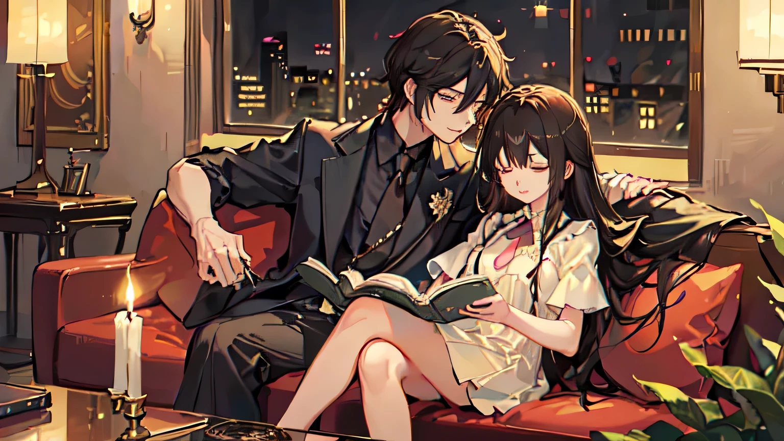 anime style, Couple, Sitting On Couch, One Girl, Closed Eyes, Sleeping, Dress, Long Hair, Brown Hair, A boy reading a book, Short Hair, hairs between eyes, Dark Hair, Tie, Royal Palace, Luxury Hotel, Many Beautiful Flowers, Candle, Lantern, Lamp, Wine, Glass, Fruit, Window, Night, Indoors, Formal, Background Composition