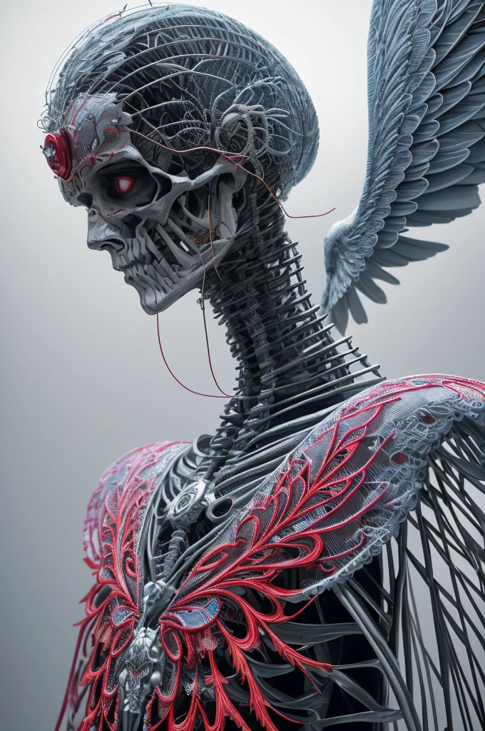 Intricate 3d rendering Super detailed beautiful angel of death, biology, Analog 150mm lens, Beautiful and natural soft edge light, Neon Pulse, root, Delicate leaf lace, Colorful Detailed, Boris Bijan Sabery (Boris Bidjan Saberi) clothing, Pearl ear-rings, perforation, Art Nouveau fashion embroidery, Intricate details, Gridlines, Mandelbrot fractal, Facial muscles, cable, Microchip, Villain, Surreal, Super detailed, octane, Volumetric Lighting, 8K and post-production, Red White with a bit of black, Metal skeleton detail, meio humano e meio animal, Rainbow, Glenn Brown style, futuristic room, The power of God, High Angle Shot, complex body postures