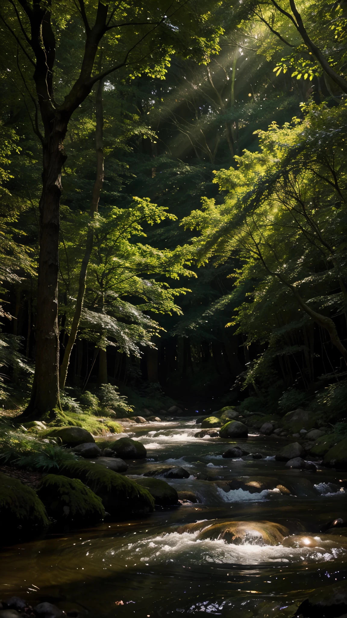Mystical Forest with Magical Creatures": A dense forest bathed in ethereal light, with whimsical creatures like fairies and unicorns, glowing flora, and a sparkling river running through it.