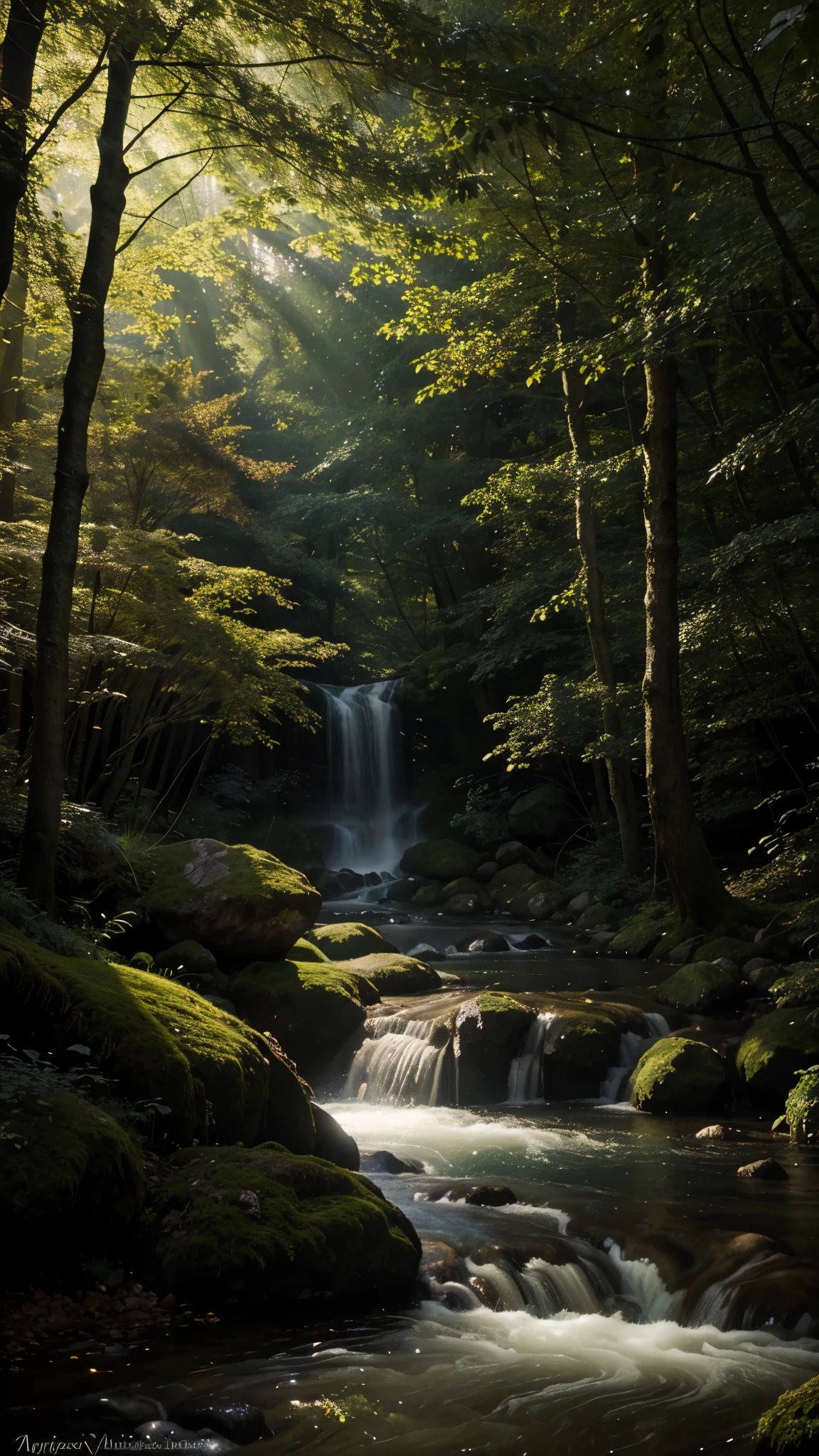 Mystical Forest with Magical Creatures": A dense forest bathed in ethereal light, with whimsical creatures like fairies and unicorns, glowing flora, and a sparkling river running through it.
