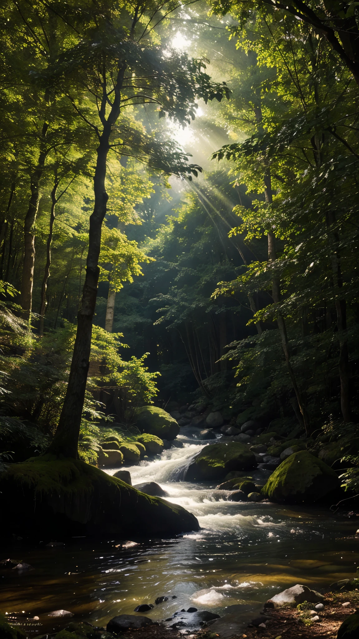 Mystical Forest with Magical Creatures": A dense forest bathed in ethereal light, with whimsical creatures like fairies and unicorns, glowing flora, and a sparkling river running through it.