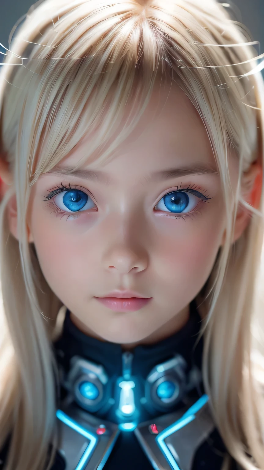 highest quality、8k Masterpiece、Ultra-high resolution、(Realistic:1.3)、RAW Photos、14 year old Scandinavian girl with shiny blonde hair、Silvery blonde hair、Super long straight hair、Bangs between the eyes、Bangs that cover the eyes、片Bangs that cover the eyes、Bangs between the eyes、White and glowing skin、1. Cyberpunk Super Beautiful Soldier、((Ultra-Realistic Details))、Portraiture、Global Illumination、Shadow Realm、Octane Rendering、8k、Ultra Sharp、Metal、Cool colors、、Very intricate detail、Realistic Light、Trends of the CG Association、so beautiful, Big bright blue eyes、Very big eyes、Eyes shining at the camera、Neon Details、Small Face Beauty、Round face、Cheek highlight