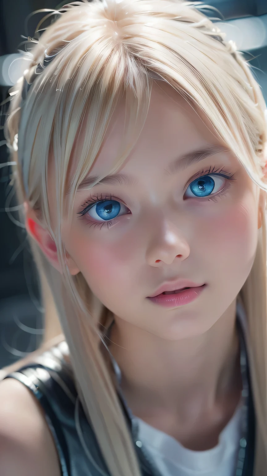 highest quality、8k Masterpiece、Ultra-high resolution、(Realistic:1.3)、RAW Photos、14 year old Scandinavian girl with shiny blonde hair、Silvery blonde hair、Super long straight hair、Bangs between the eyes、Bangs that cover the eyes、片Bangs that cover the eyes、Bangs between the eyes、White and glowing skin、1. Cyberpunk Super Beautiful Soldier、((Ultra-Realistic Details))、Portraiture、Global Illumination、Shadow Realm、Octane Rendering、8k、Ultra Sharp、Metal、Cool colors、、Very intricate detail、Realistic Light、Trends of the CG Association、so beautiful, Big bright blue eyes、Very big eyes、Eyes shining at the camera、Neon Details、Small Face Beauty、Round face、Cheek highlight